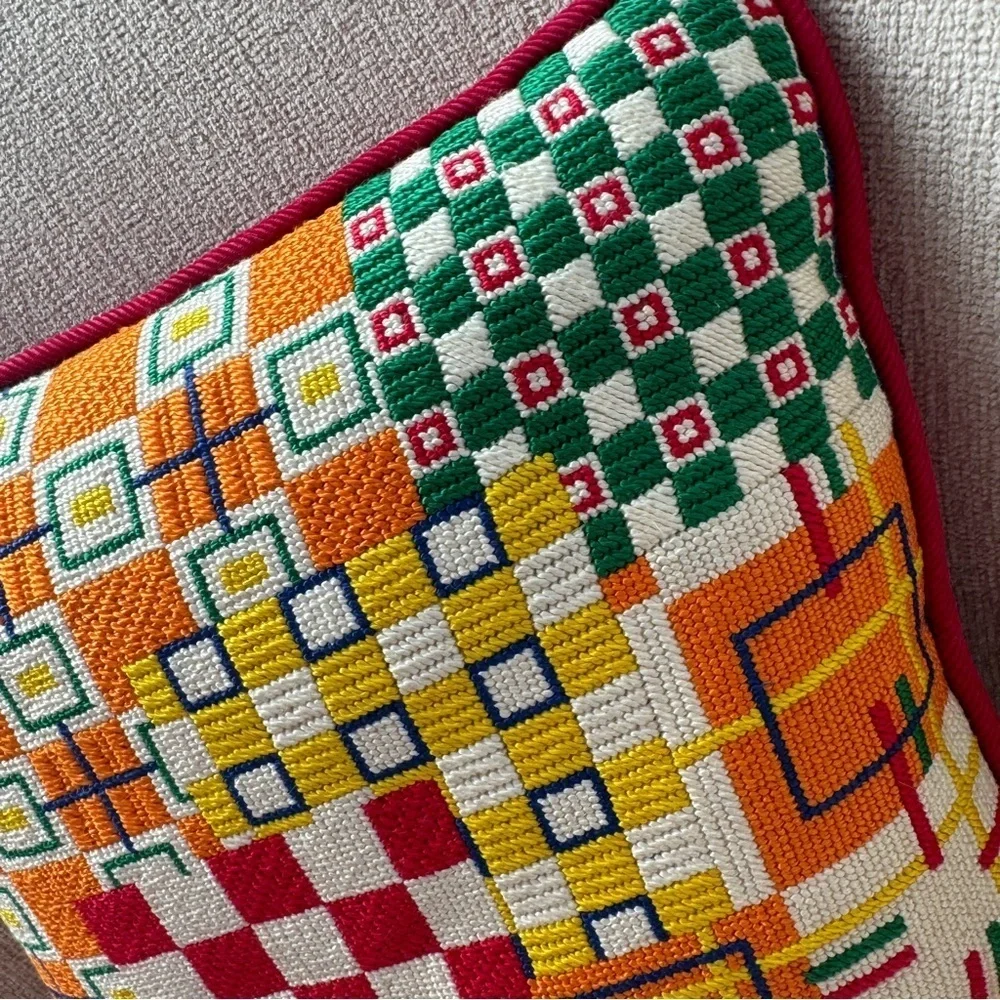Needlepoint pillow colorful avantgarde abstract shapes checkered handmade square